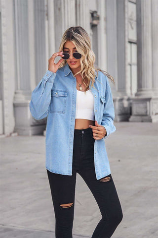Amber Collared Neck Dropped Shoulder Denim Top - SwagglyLife Home & Fashion Amber Collared Neck Dropped Shoulder Denim Top - SwagglyLife Home & Fashion