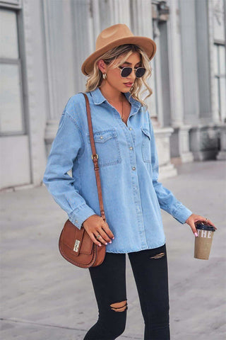 Amber Collared Neck Dropped Shoulder Denim Top - SwagglyLife Home & Fashion Amber Collared Neck Dropped Shoulder Denim Top - SwagglyLife Home & Fashion