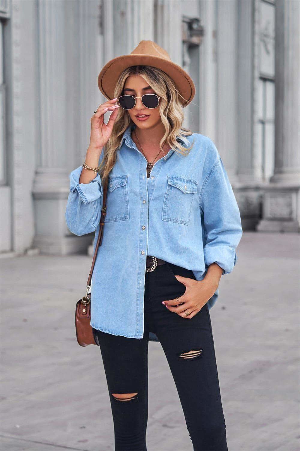 Amber Collared Neck Dropped Shoulder Denim Top - SwagglyLife Home & Fashion