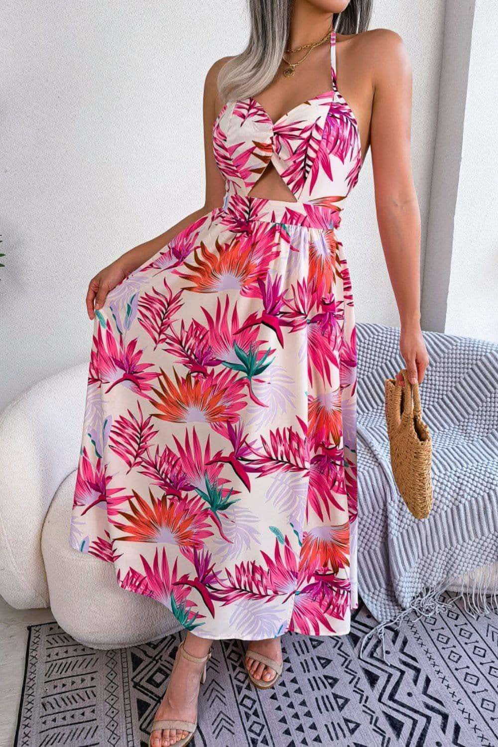 Andrea Botanical Print Tied Backless Cutout Slit Dress - SwagglyLife Home & Fashion Andrea Botanical Print Tied Backless Cutout Slit Dress - SwagglyLife Home & Fashion