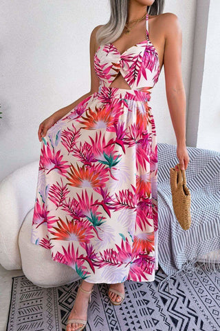 Andrea Botanical Print Tied Backless Cutout Slit Dress - SwagglyLife Home & Fashion Andrea Botanical Print Tied Backless Cutout Slit Dress - SwagglyLife Home & Fashion