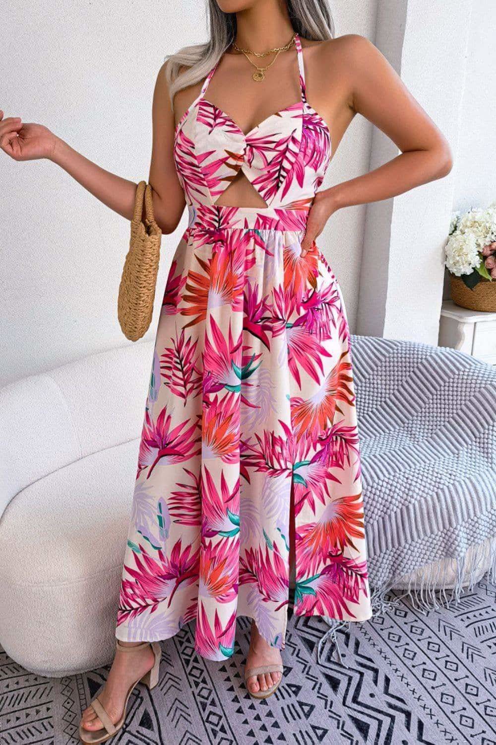 Andrea Botanical Print Tied Backless Cutout Slit Dress - SwagglyLife Home & Fashion Andrea Botanical Print Tied Backless Cutout Slit Dress - SwagglyLife Home & Fashion