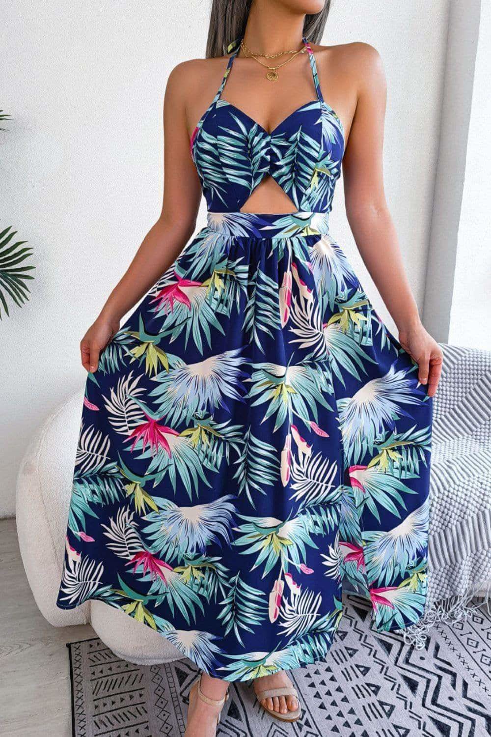 Andrea Botanical Print Tied Backless Cutout Slit Dress - SwagglyLife Home & Fashion