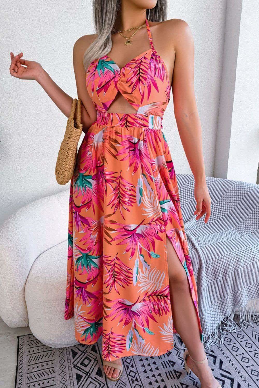 Andrea Botanical Print Tied Backless Cutout Slit Dress - SwagglyLife Home & Fashion Andrea Botanical Print Tied Backless Cutout Slit Dress - SwagglyLife Home & Fashion