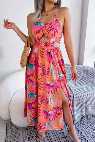 Andrea Botanical Print Tied Backless Cutout Slit Dress - SwagglyLife Home & Fashion Andrea Botanical Print Tied Backless Cutout Slit Dress - SwagglyLife Home & Fashion