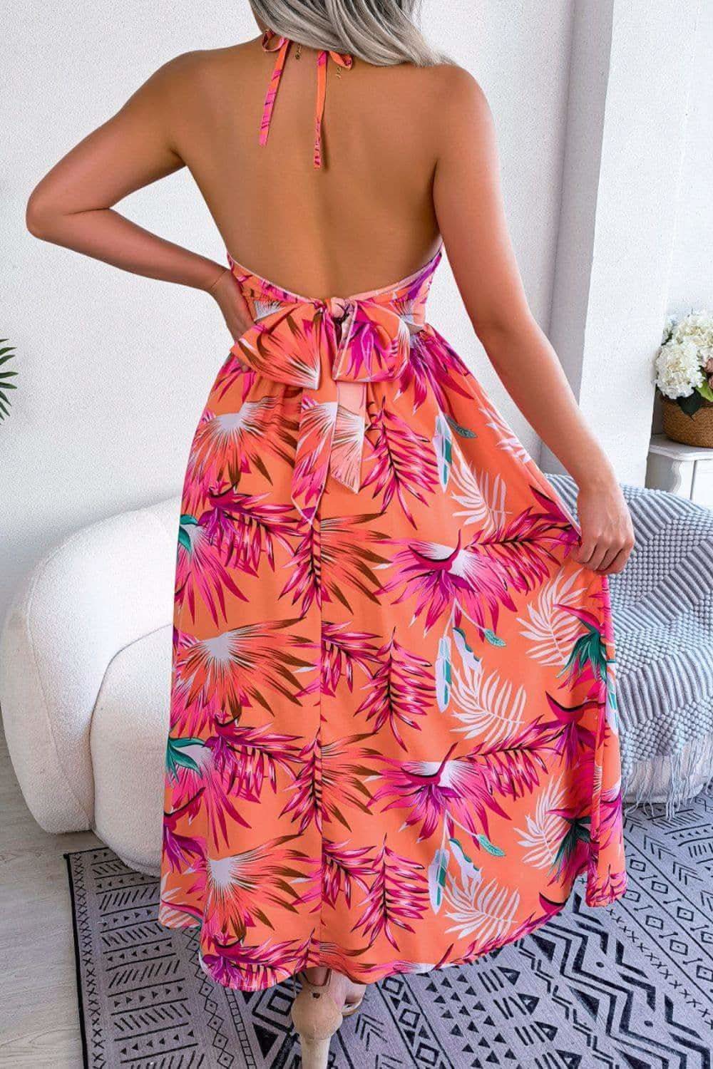Andrea Botanical Print Tied Backless Cutout Slit Dress - SwagglyLife Home & Fashion Andrea Botanical Print Tied Backless Cutout Slit Dress - SwagglyLife Home & Fashion