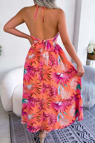 Andrea Botanical Print Tied Backless Cutout Slit Dress - SwagglyLife Home & Fashion Andrea Botanical Print Tied Backless Cutout Slit Dress - SwagglyLife Home & Fashion