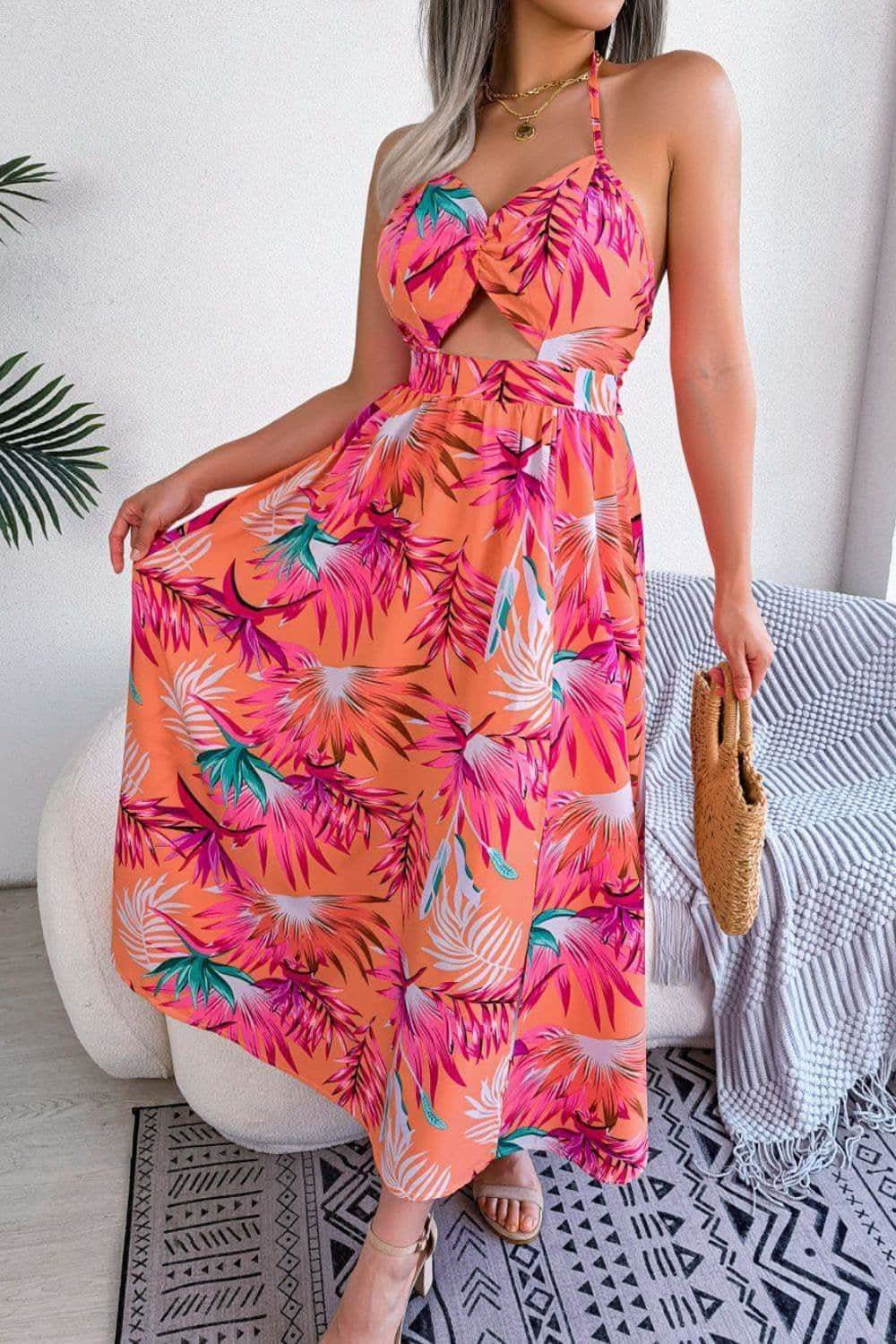 Andrea Botanical Print Tied Backless Cutout Slit Dress - SwagglyLife Home & Fashion Andrea Botanical Print Tied Backless Cutout Slit Dress - SwagglyLife Home & Fashion