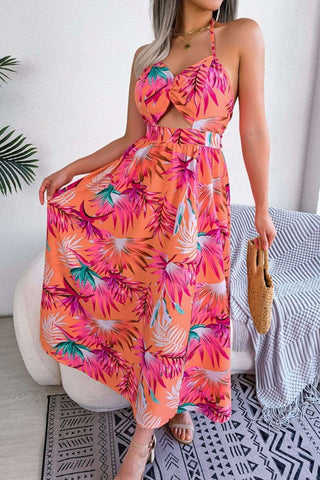 Andrea Botanical Print Tied Backless Cutout Slit Dress - SwagglyLife Home & Fashion Andrea Botanical Print Tied Backless Cutout Slit Dress - SwagglyLife Home & Fashion