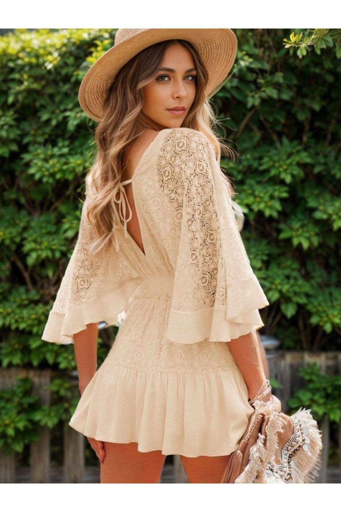 Andrea Lace Cutout Half Sleeve Mini Dress - SwagglyLife Home & Fashion Andrea Lace Cutout Half Sleeve Mini Dress - SwagglyLife Home & Fashion