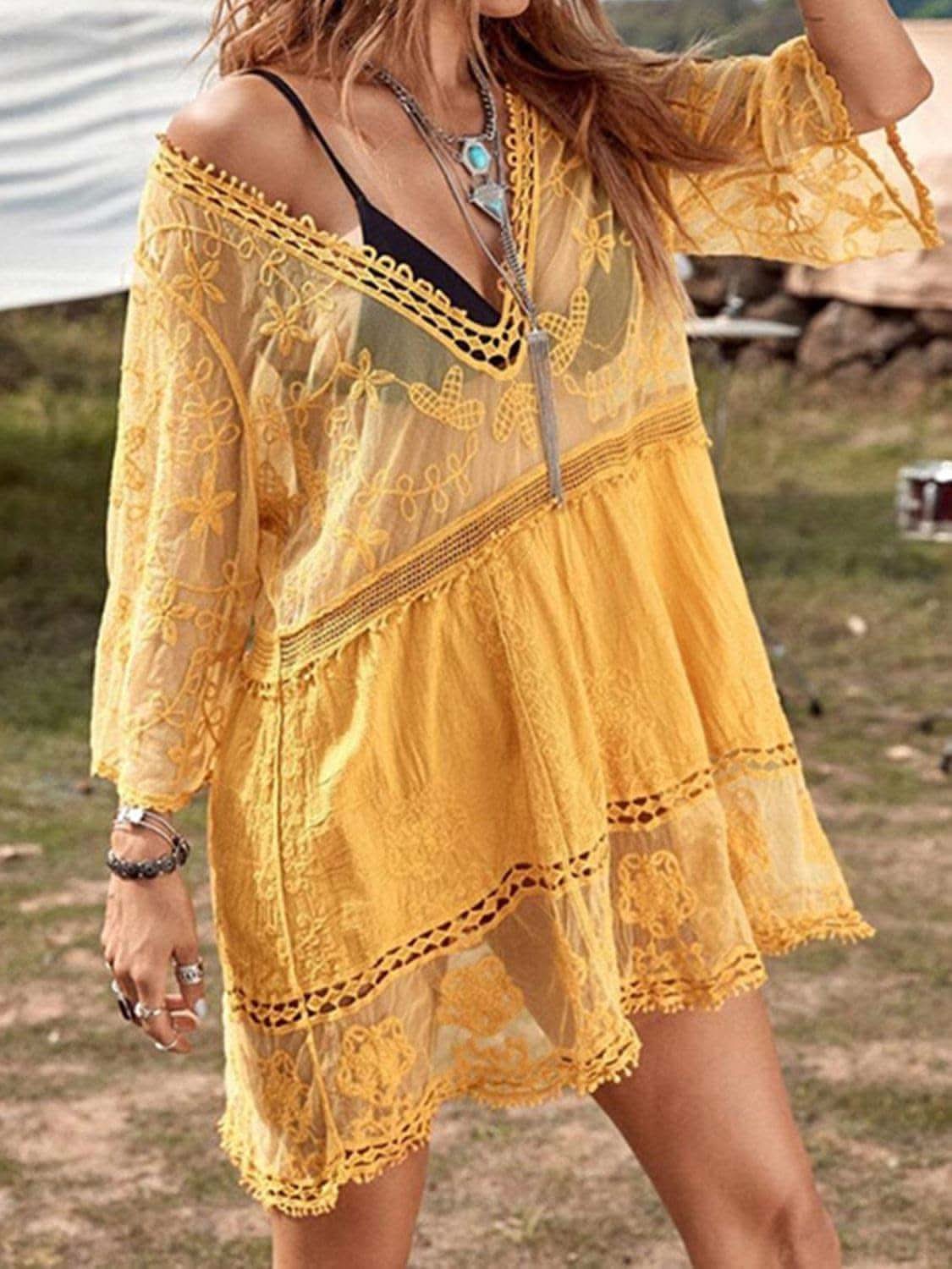 Andrea Lace Detail Plunge Cover-Up Dress - SwagglyLife Home & Fashion Andrea Lace Detail Plunge Cover-Up Dress - SwagglyLife Home & Fashion