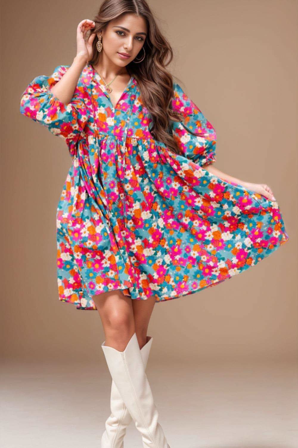 Aria Floral Tie Neck Puff Sleeve Mini Dress in Floral - Mini Dresses photo