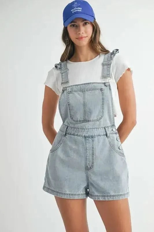 MABLE Square Neck Ruffle Shoulder Denim Overall Romper - SwagglyLife Home & Fashion