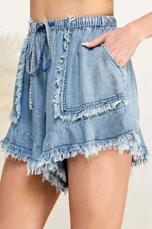 SAGE+FIG Frayed Drawstring Denim Shorts - SwagglyLife Home & Fashion