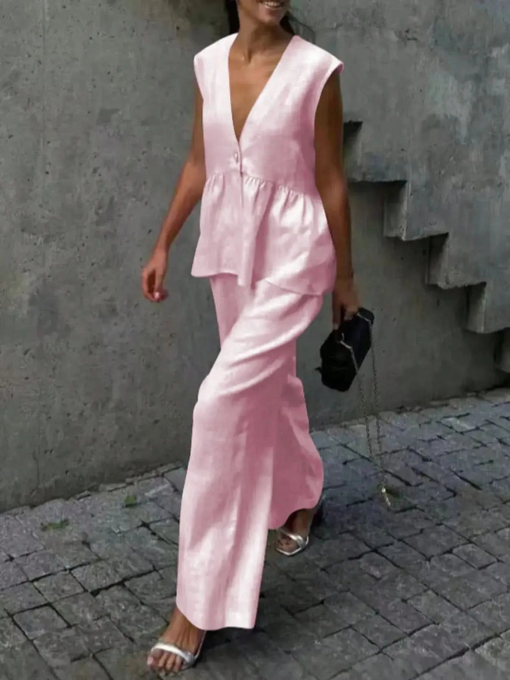 Button Down Peplum Vest and Pants Set in - photo