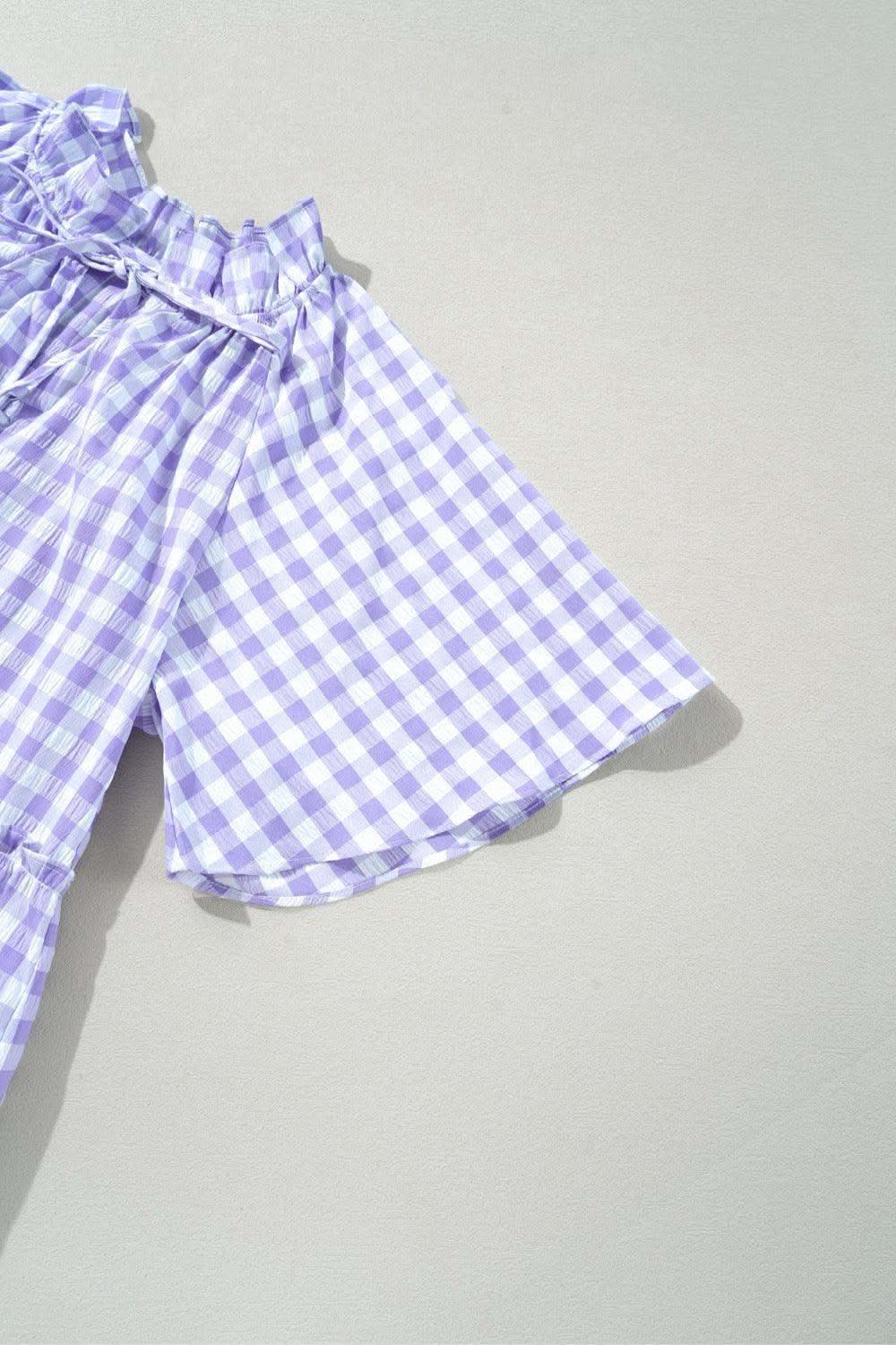 Plaid Tie Neck Short Sleeve Babydoll Mini Dress - SwagglyLife Home & Fashion