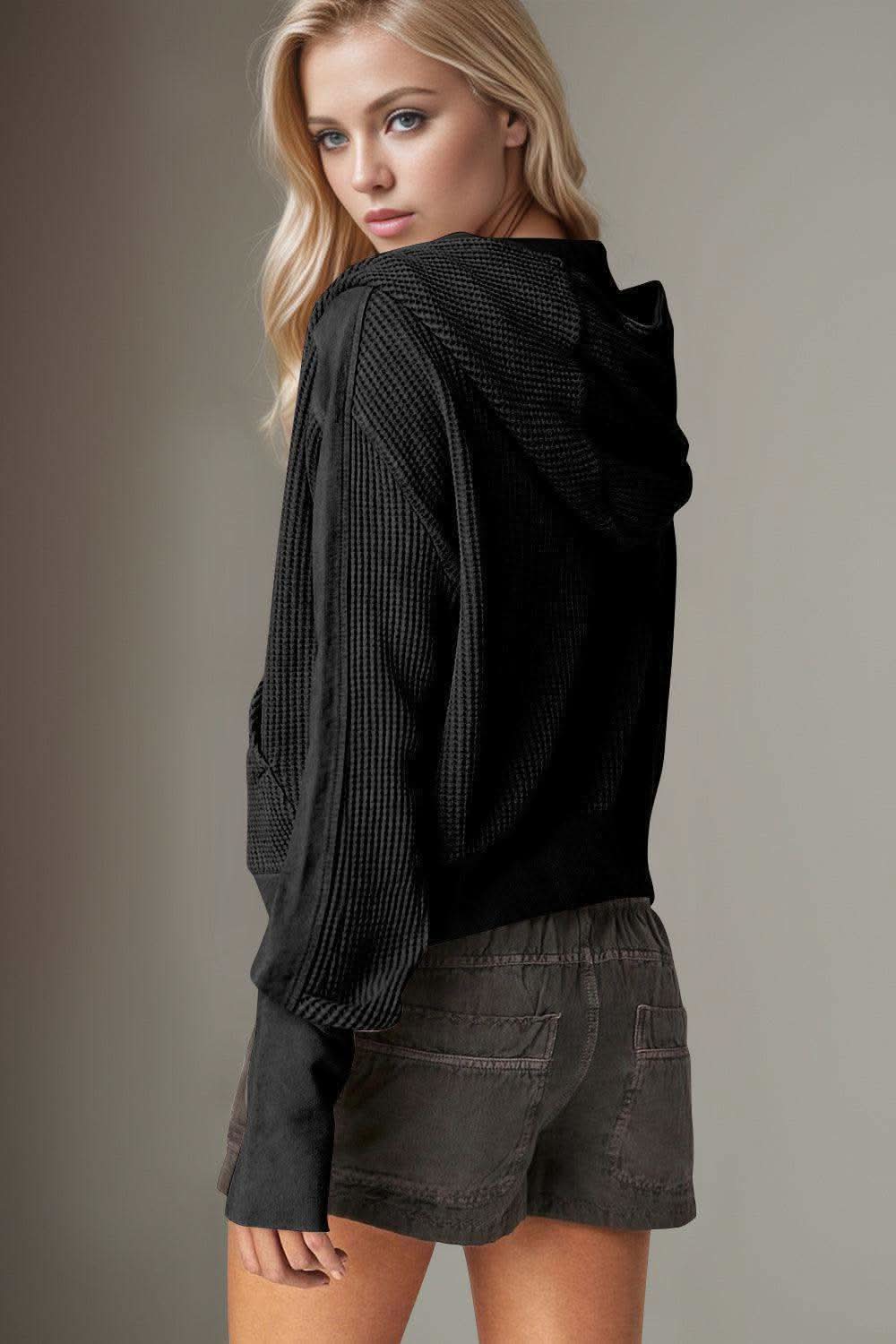 Double Take Waffle-Knit Zip Up Long Sleeve Hooded Jacket in - photo