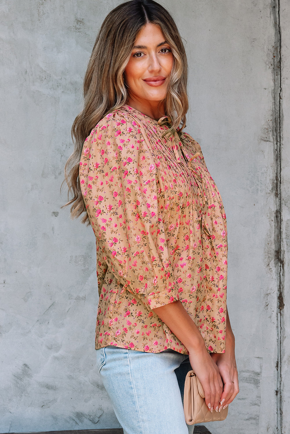 Sadie Floral Bow Pin-tuck Bust Half Puff Sleeve Blouse in - Tops/Blouses & Shirts photo