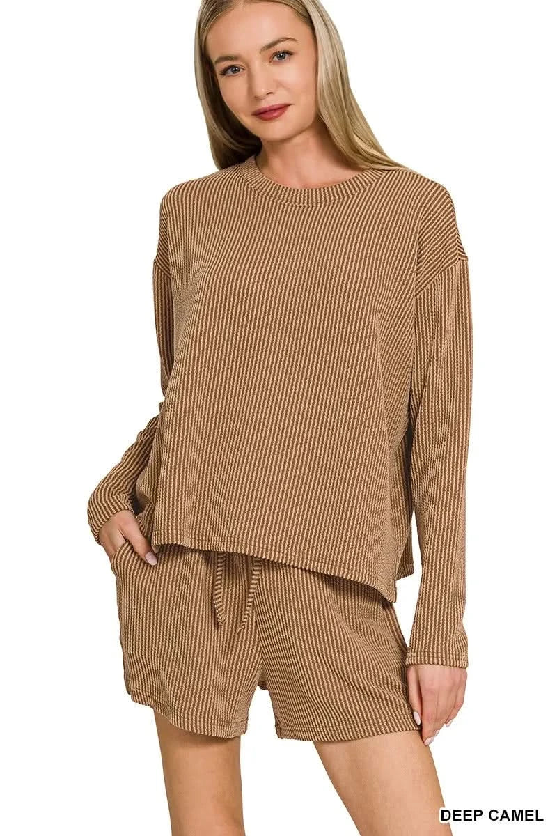 Zenana Corded Rib Long Sleeve Tee and Shorts Set in DEEP CAMEL - photo
