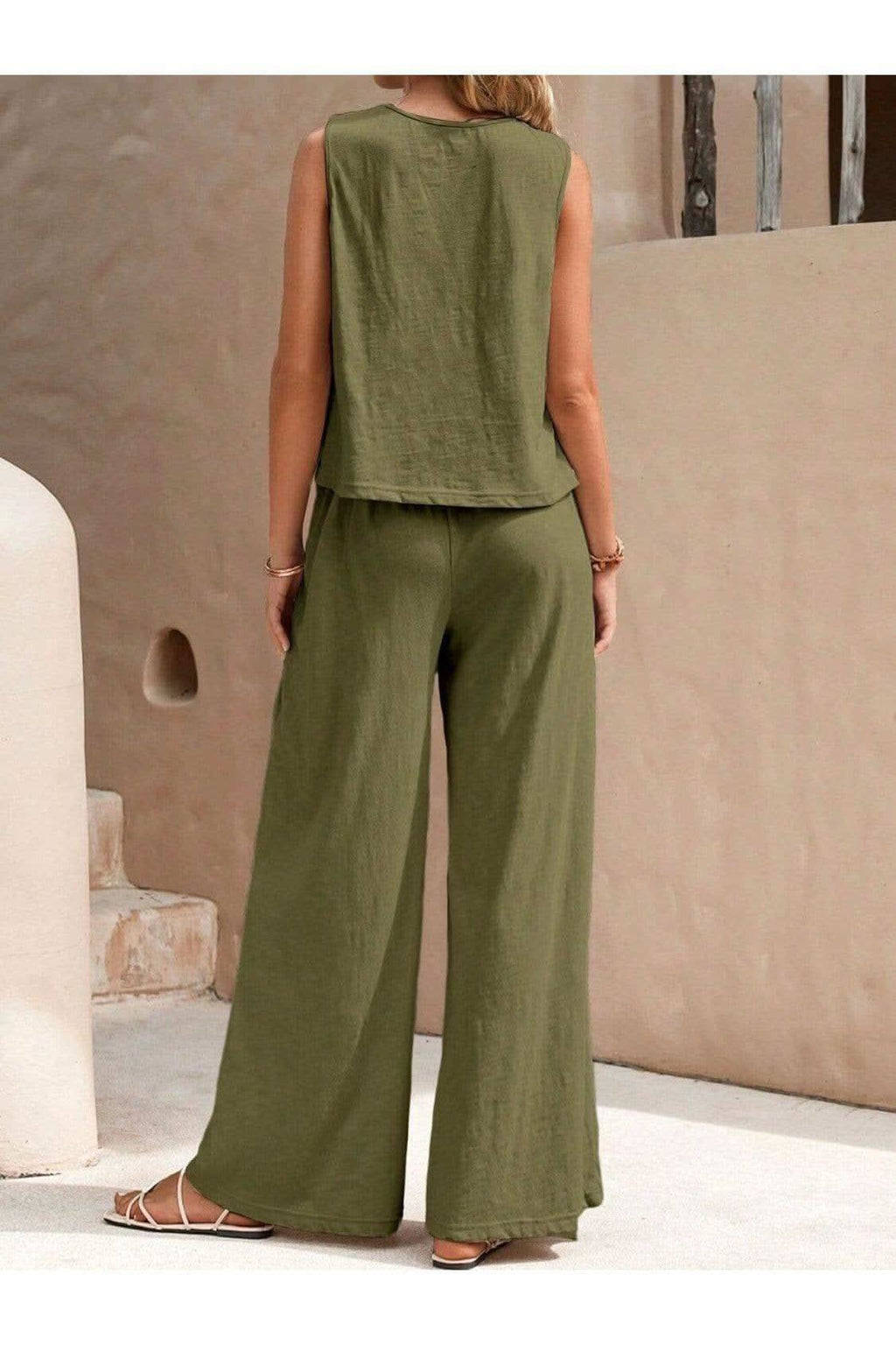 Round Neck Sleeveless Top and Wide Leg Pants Set - SwagglyLife Home & Fashion