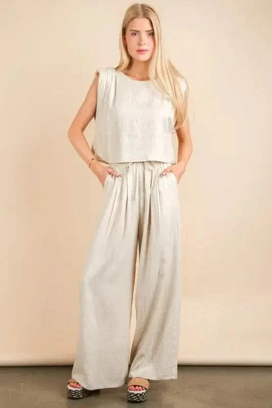 VERY J Solid Woven Top & Pants Set in Oatmeal - photo
