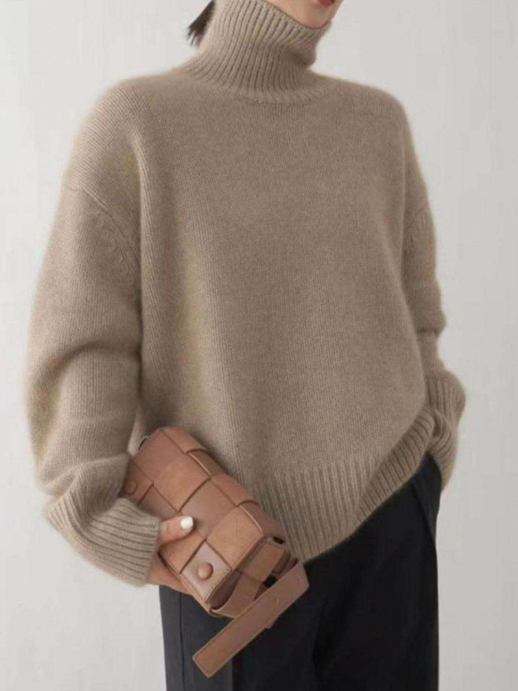 Turtleneck Dropped Shoulder Long Sleeve Sweater in Khaki One Size - Sweaters photo