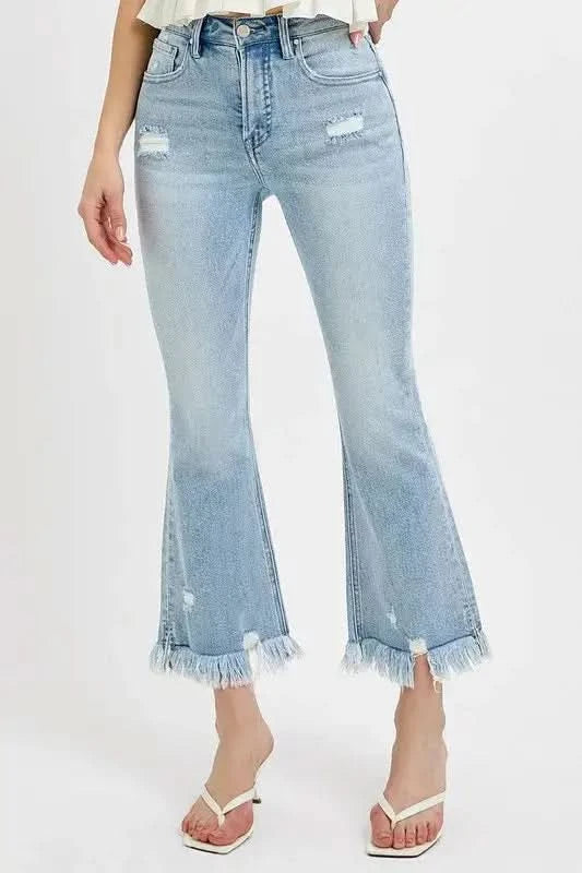 RISEN Full Size Raw Hem Distressed Cropped Flare Jeans Plus Size in Light - photo