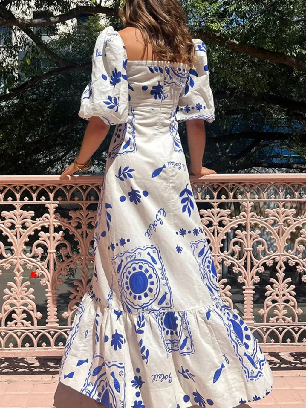 Floral Square Neck Puff Sleeve Maxi Dress with Ruffle Hem in - photo