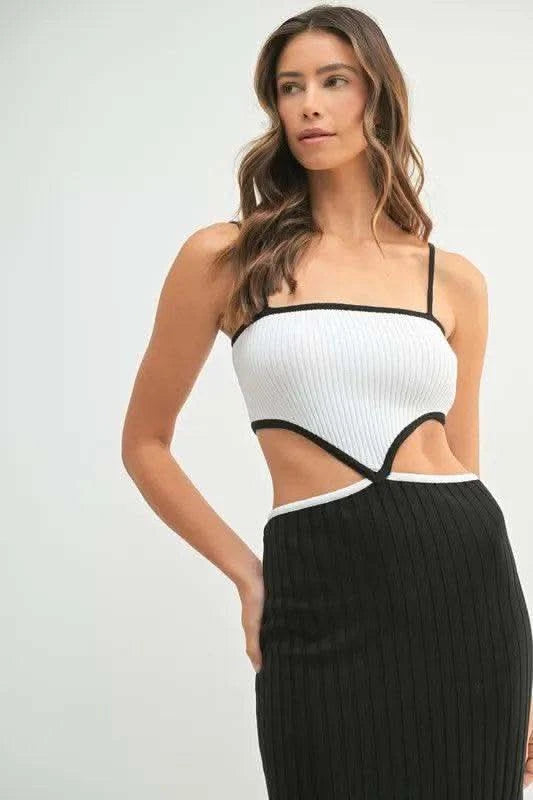 MABLE Ribbed Knit Color Block Cutout Midi Dress in - photo