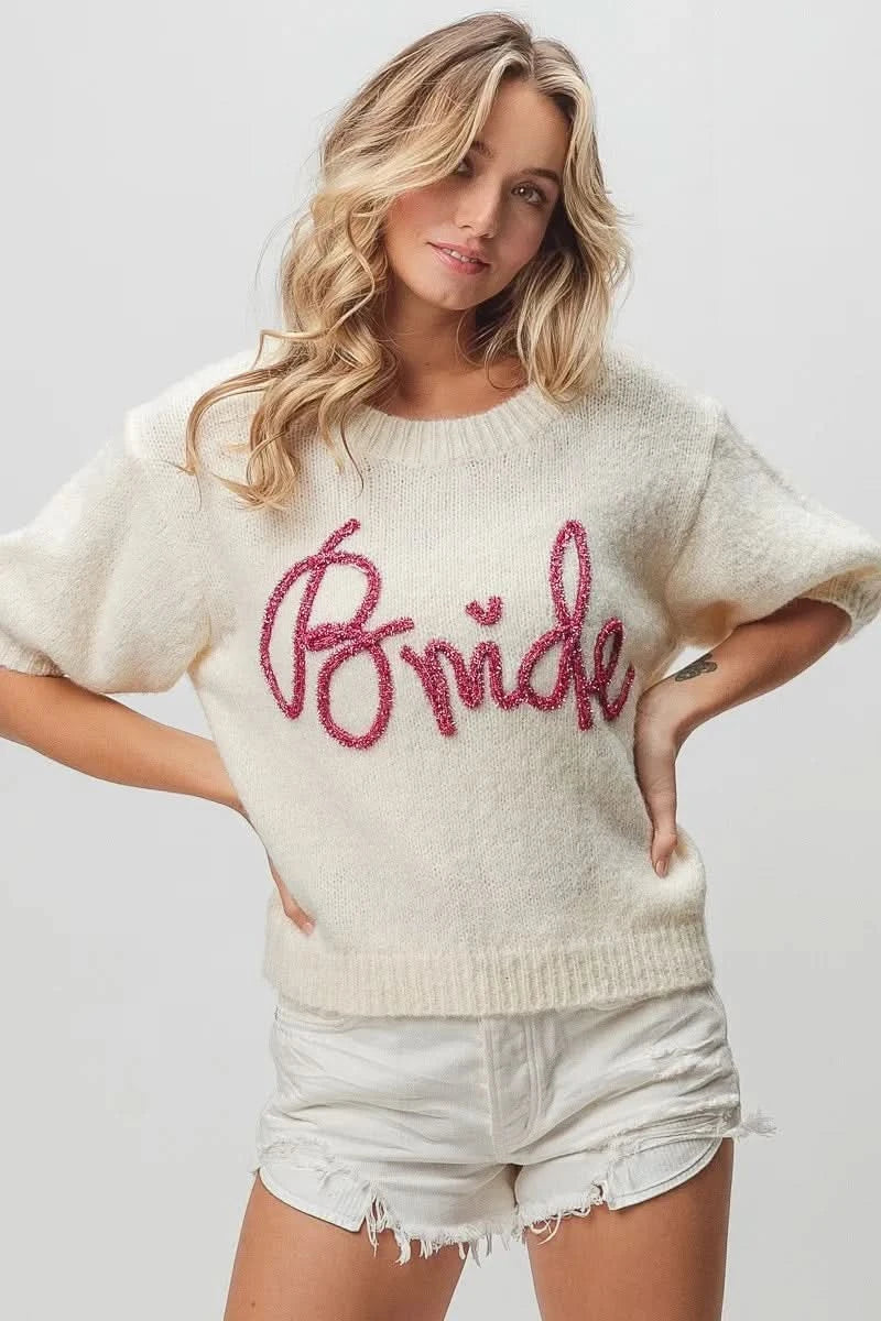 BiBi Metallic Letter Short Puff Sleeve Hairy Sweater in - photo