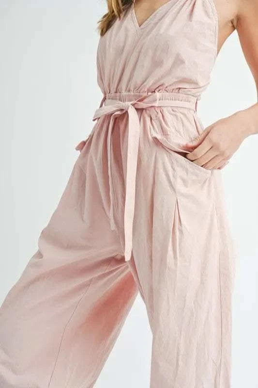 MABLE Washed Fabric Spaghetti Strap Waist Belted Jumpsuit - SwagglyLife Home & Fashion MABLE Washed Fabric Spaghetti Strap Waist Belted Jumpsuit - SwagglyLife Home & Fashion