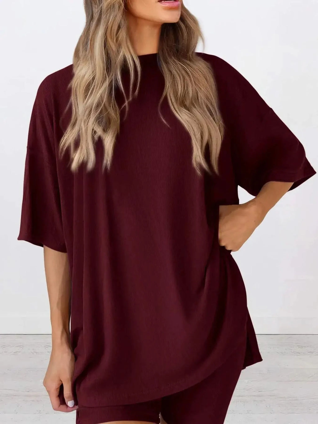 Full Size Oversized Slit Round Neck Top and Shorts Lounge Set Plus Size in Burgundy - photo