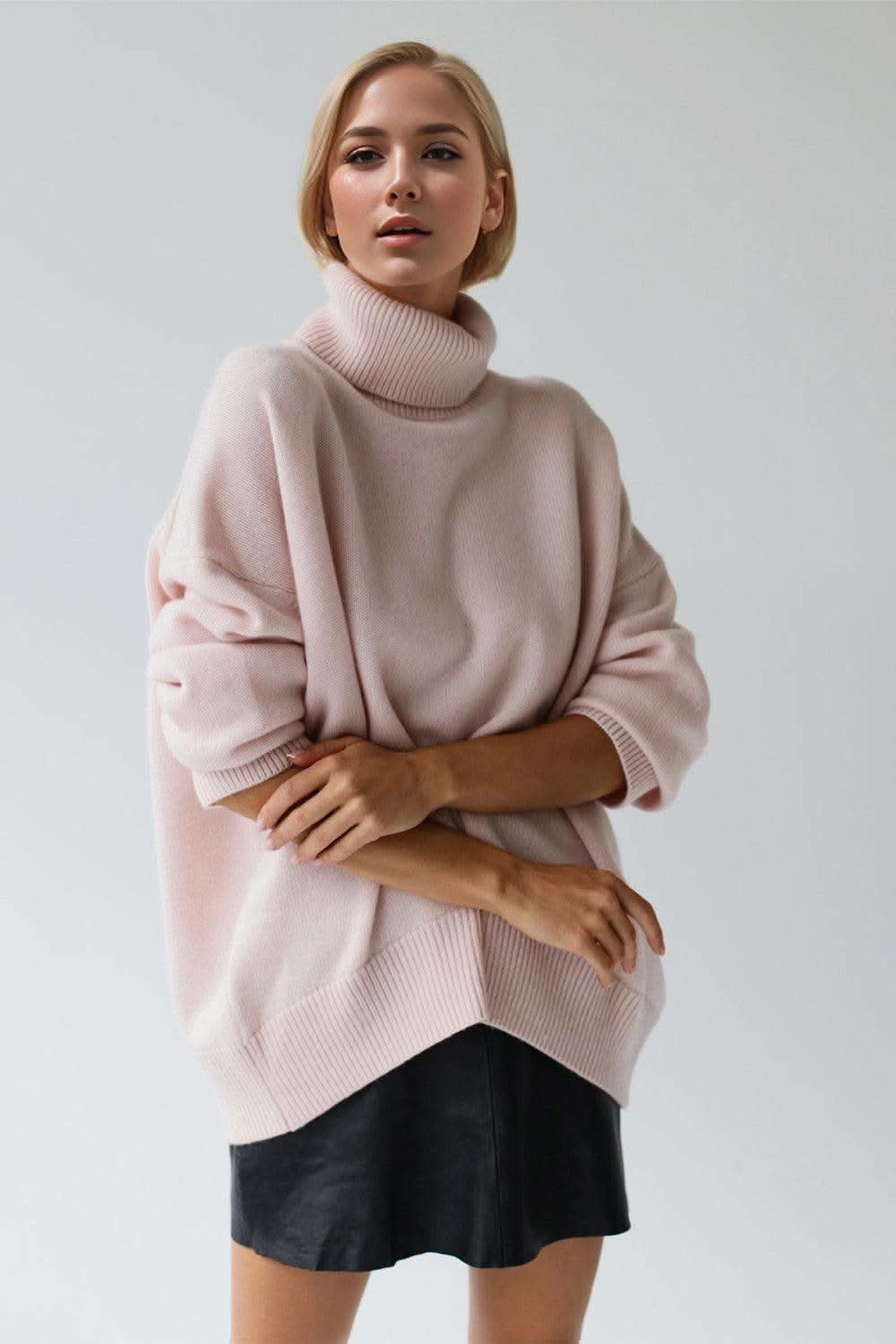 Basic Bae Turtleneck Dropped Shoulder Long Sleeve Sweater in Blush Pink One Size - sweater photo
