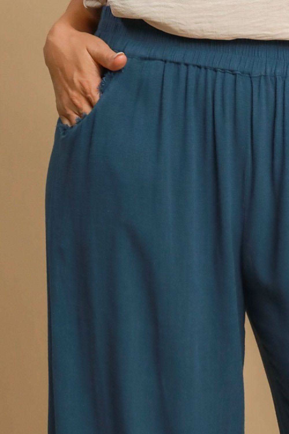 Umgee Full Size Linen Blend Elastic Waistband Wide Leg Pants Plus Size in - photo