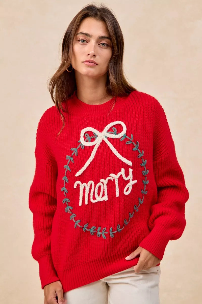 BiBi Christmas Wreath Merry Letter Knit Top in - photo