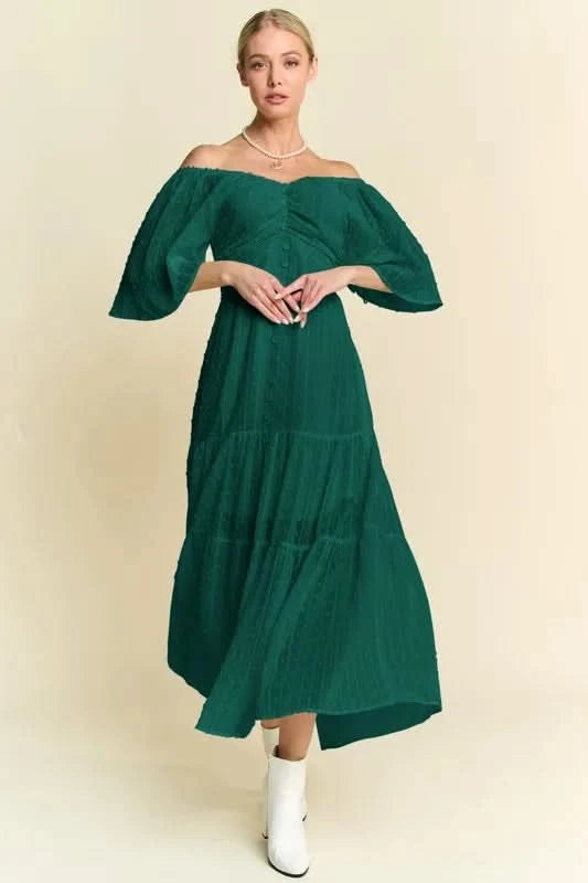 Davi & Dani Swiss Dotted Ruched Ruffle Open Back Midi Dress in Forest Green - photo