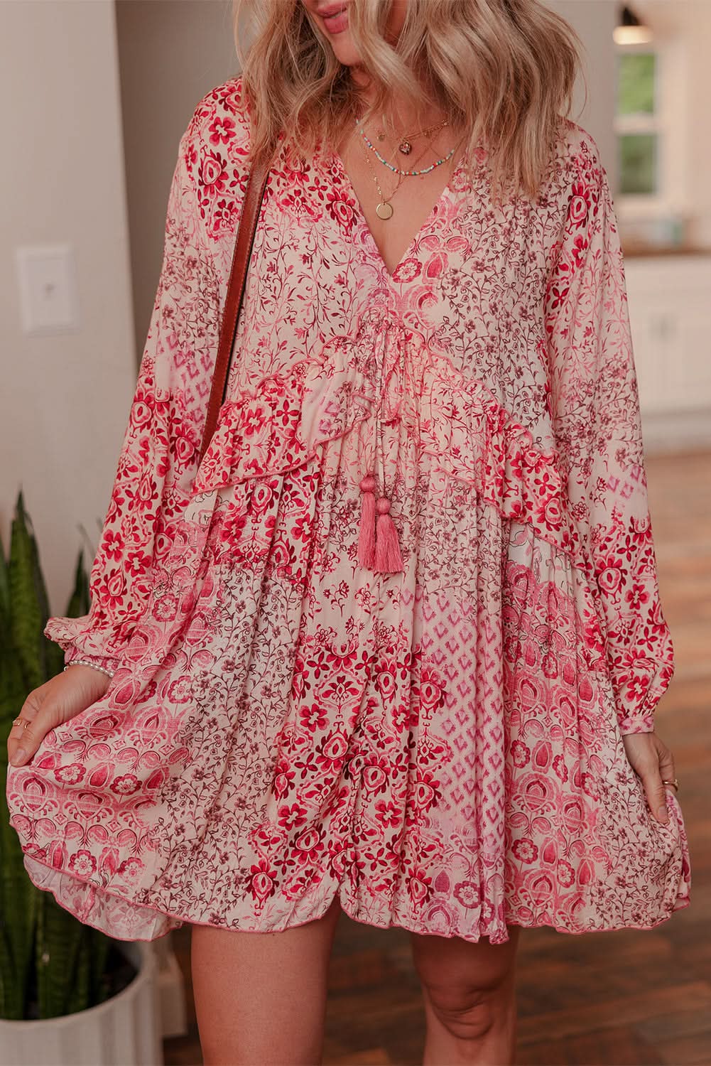 Melody Floral Tassel Tie Long Sleeve Mini Dress in - Dresses/Floral Dresses photo