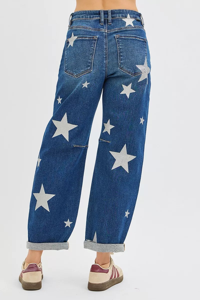 RISEN Star Print Mid Rise Barrel Jeans in - photo