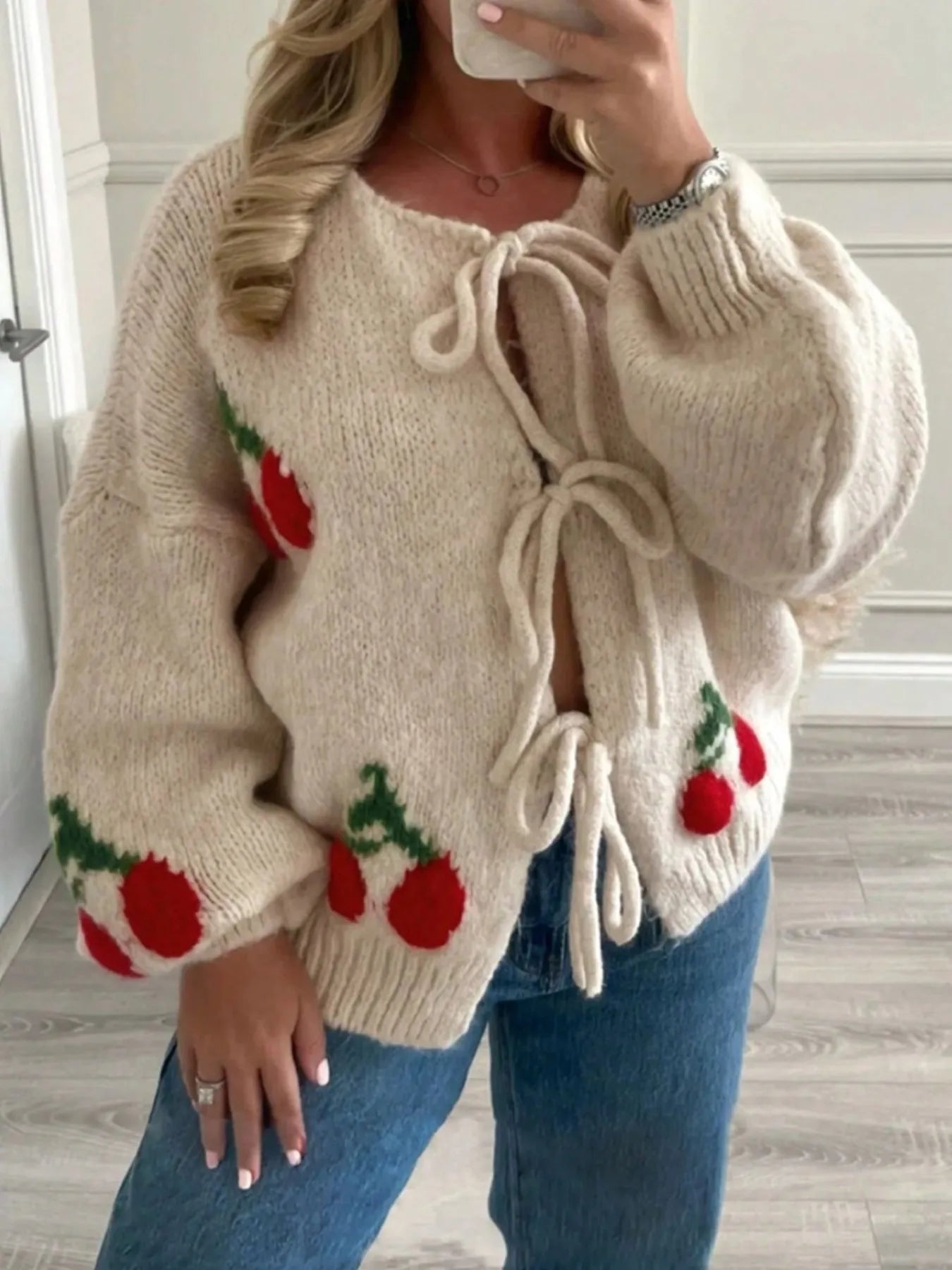 Cherry Pattern Tie-Front Oversized Cardigan - SwagglyLife Home & Fashion Cherry Pattern Tie-Front Oversized Cardigan - SwagglyLife Home & Fashion