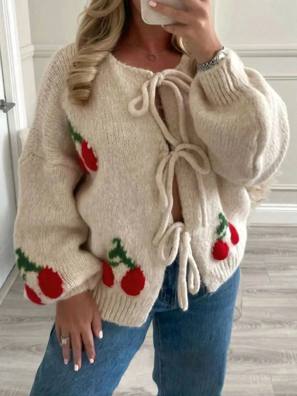 Cherry Pattern Tie-Front Oversized Cardigan in Khaki - photo