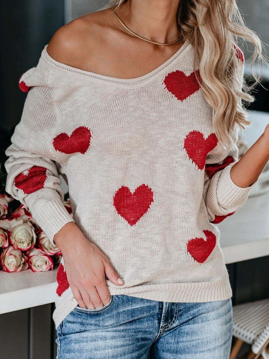 Heart Scoop Neck Long Sleeve Sweater in - photo