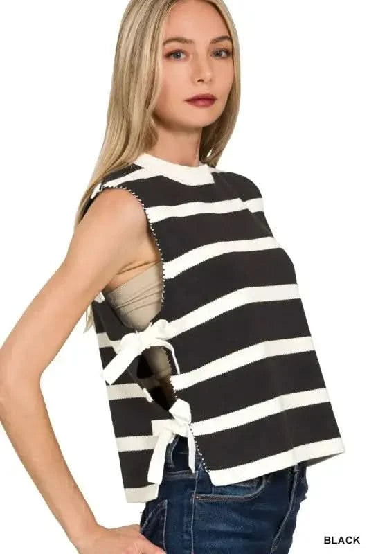 Zenana Side Tie Stripe Sweater Vest - SwagglyLife Home & Fashion