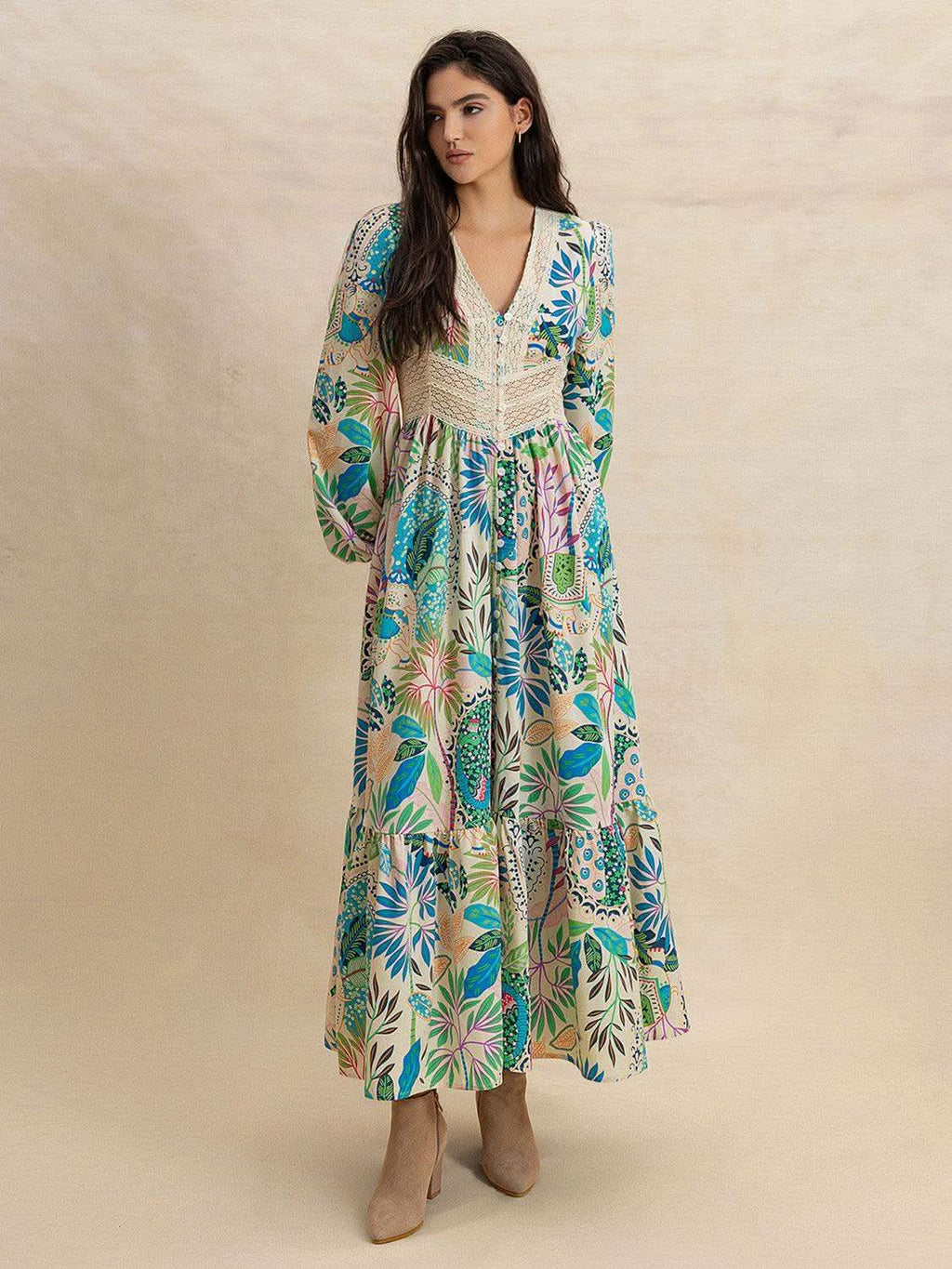 Slit Printed V-Neck Long Sleeve Midi Dress in - Dresses photo