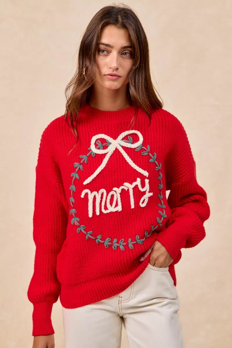 BiBi Christmas Wreath Merry Letter Knit Top in - photo