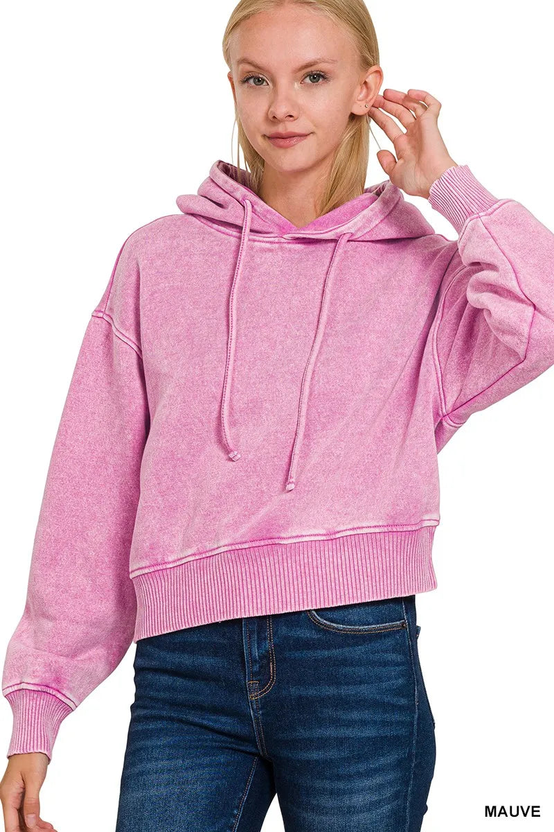 Zenana Acid Wash Fleece Drawstring Cropped Hoodie in MAUVE - photo