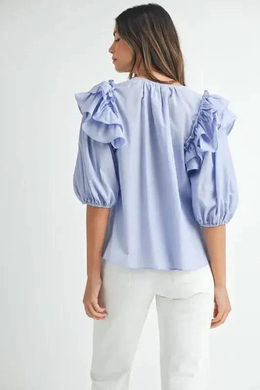 MABLE Stripe Ruffle Shoulder Puff Sleeve Blouse - SwagglyLife Home & Fashion