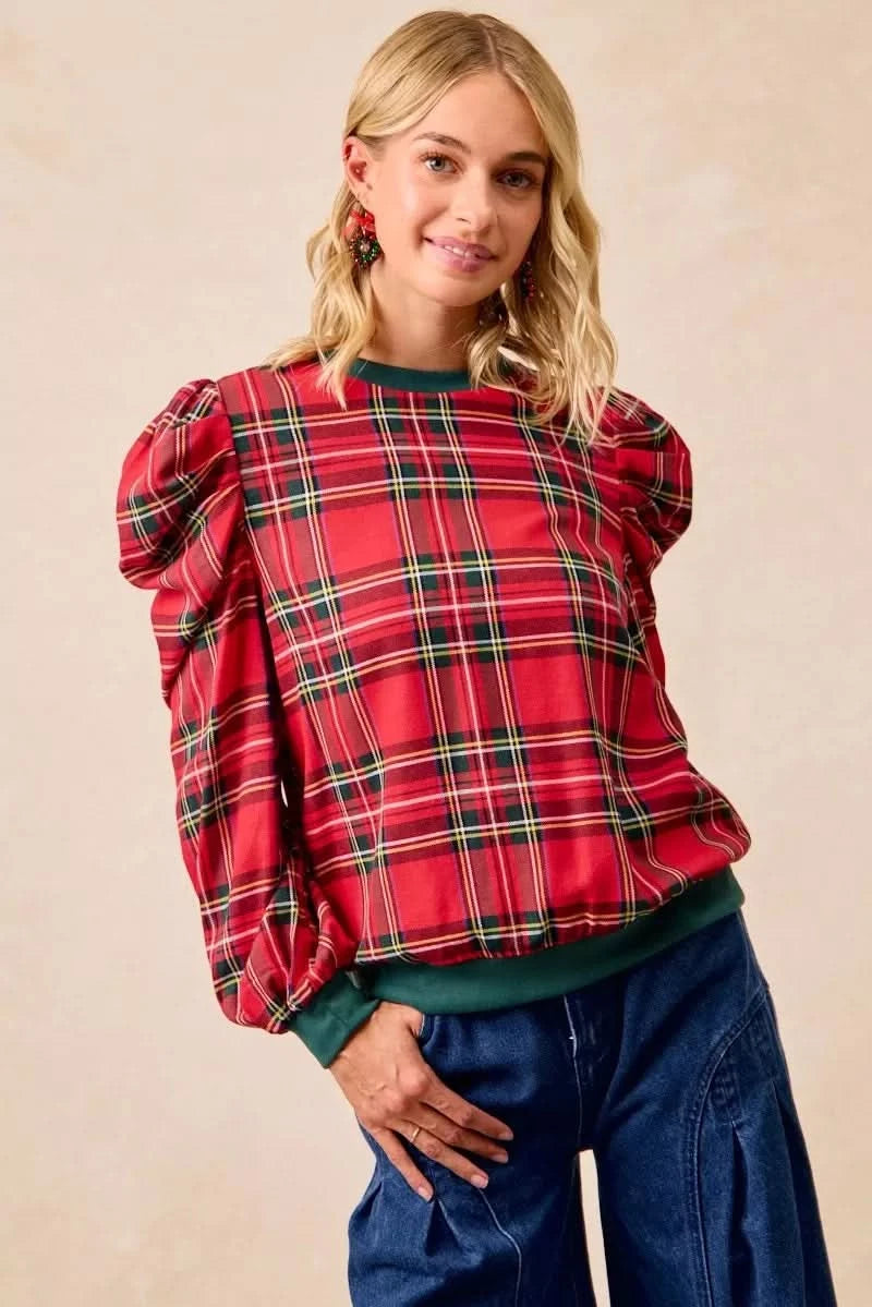 BiBi Christmas Plaid Exaggerated Shoulder Sleeves Top in - photo