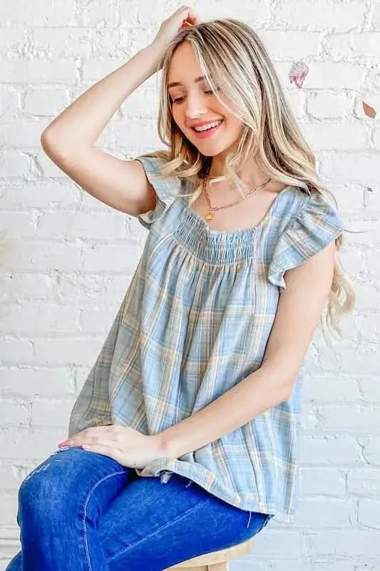And The Why Plaid Print Smocked Detail Ruffle Baby Doll Top - SwagglyLife Home & Fashion