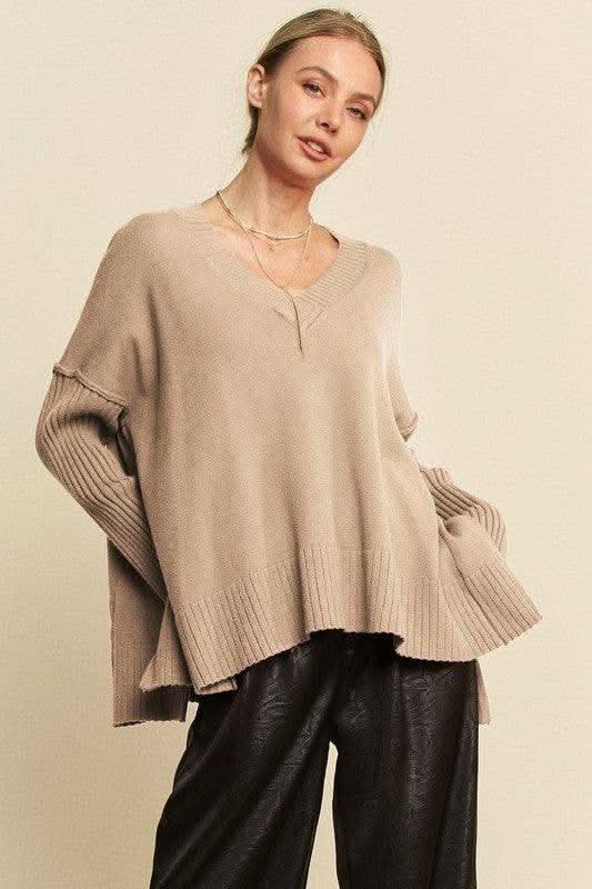 Davi & Dani Ribbed Side Slit V-Neck Sweater in Tan - photo
