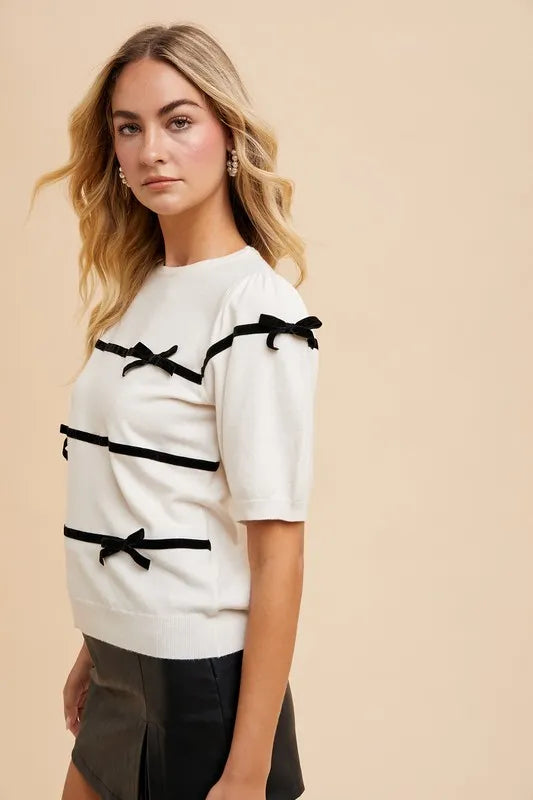 Annie Wear Striped Bow Round Neck Knit Top in - photo